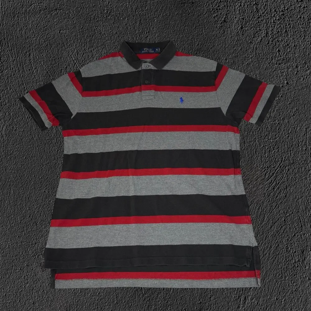 Polo Ralph Lauren striped red/black/grey with blue logo polo